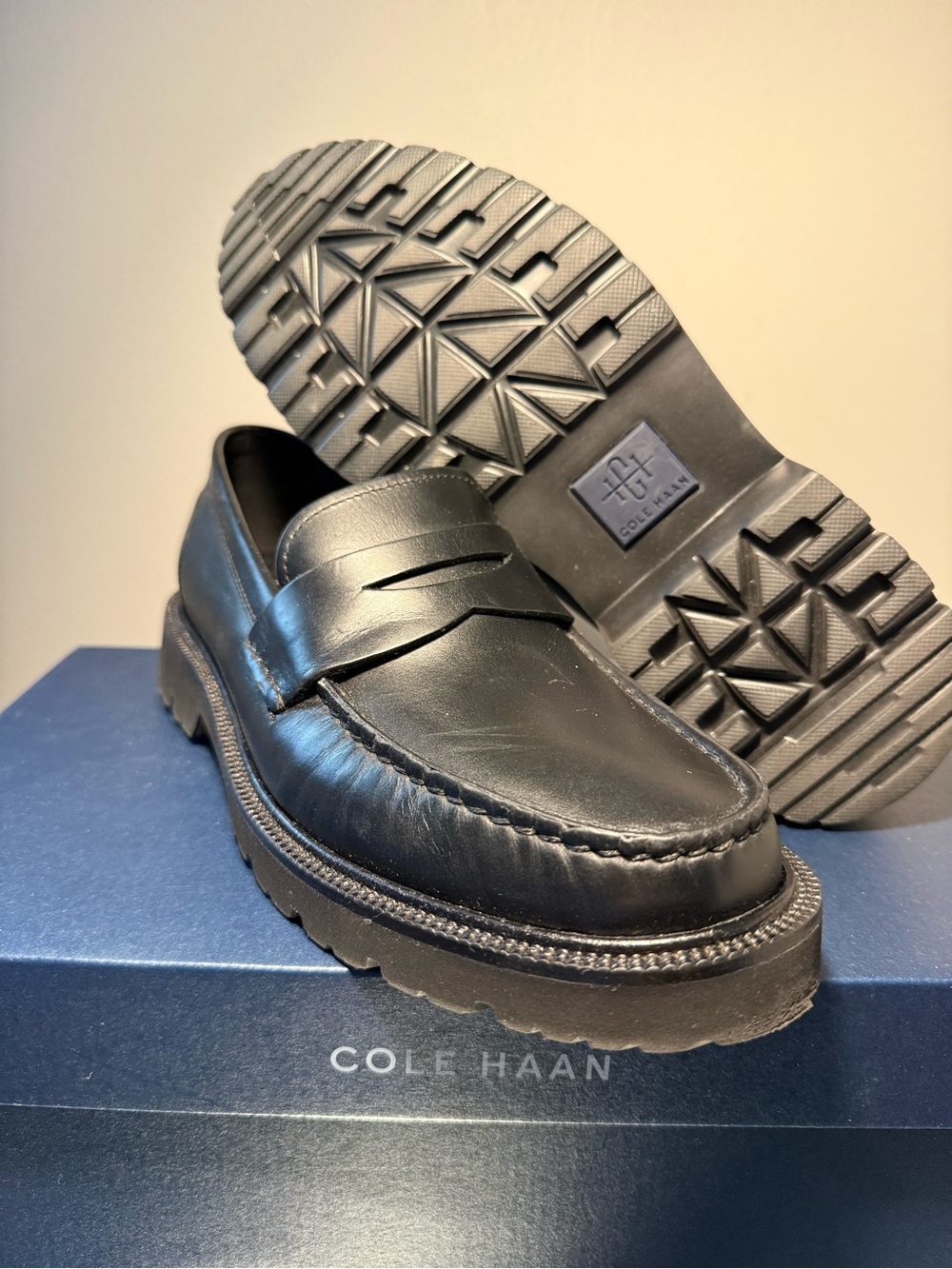 Cole Haan Black Leather Lug-Sole Penny Loafers